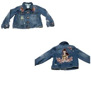 Disney Girl's Size 4 Princess Belle Denim Jacket Distressed Applique Sequins Y2K